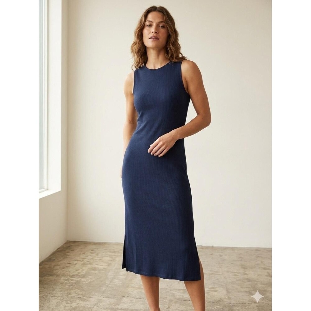 Garnet Hill Dress Womens M Blue Sleeveless Ribbed Knit Tank Stretch Midi Casual
